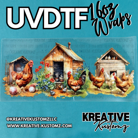 A rectangular UV DTF cup wrap featuring a watercolor illustration of chickens and wooden coops.