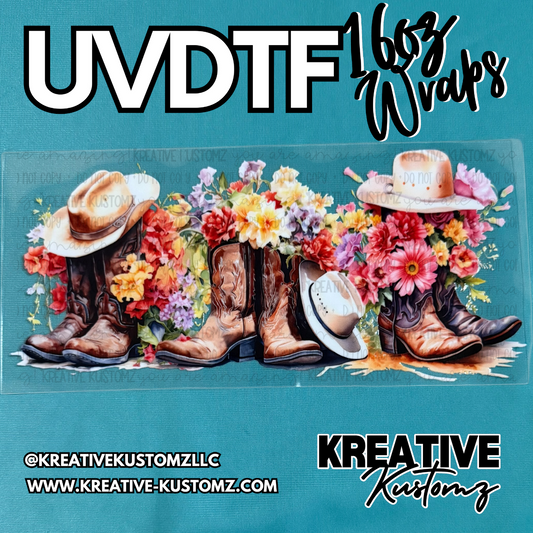 A UV DTF cup wrap featuring cowboy boots and hats filled with colorful flowers.