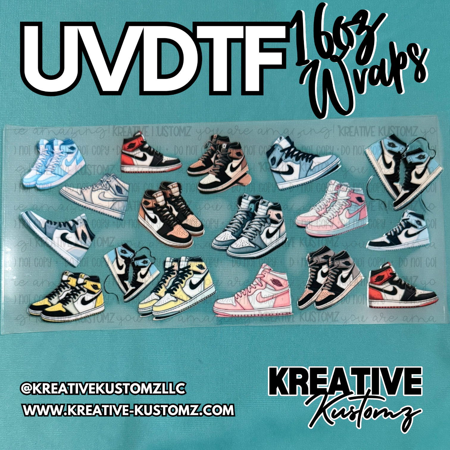 A sheet of UV DTF adhesive cup wraps featuring various colorful high-top sneaker illustrations.