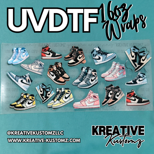 A sheet of UV DTF adhesive cup wraps featuring various colorful high-top sneaker illustrations.