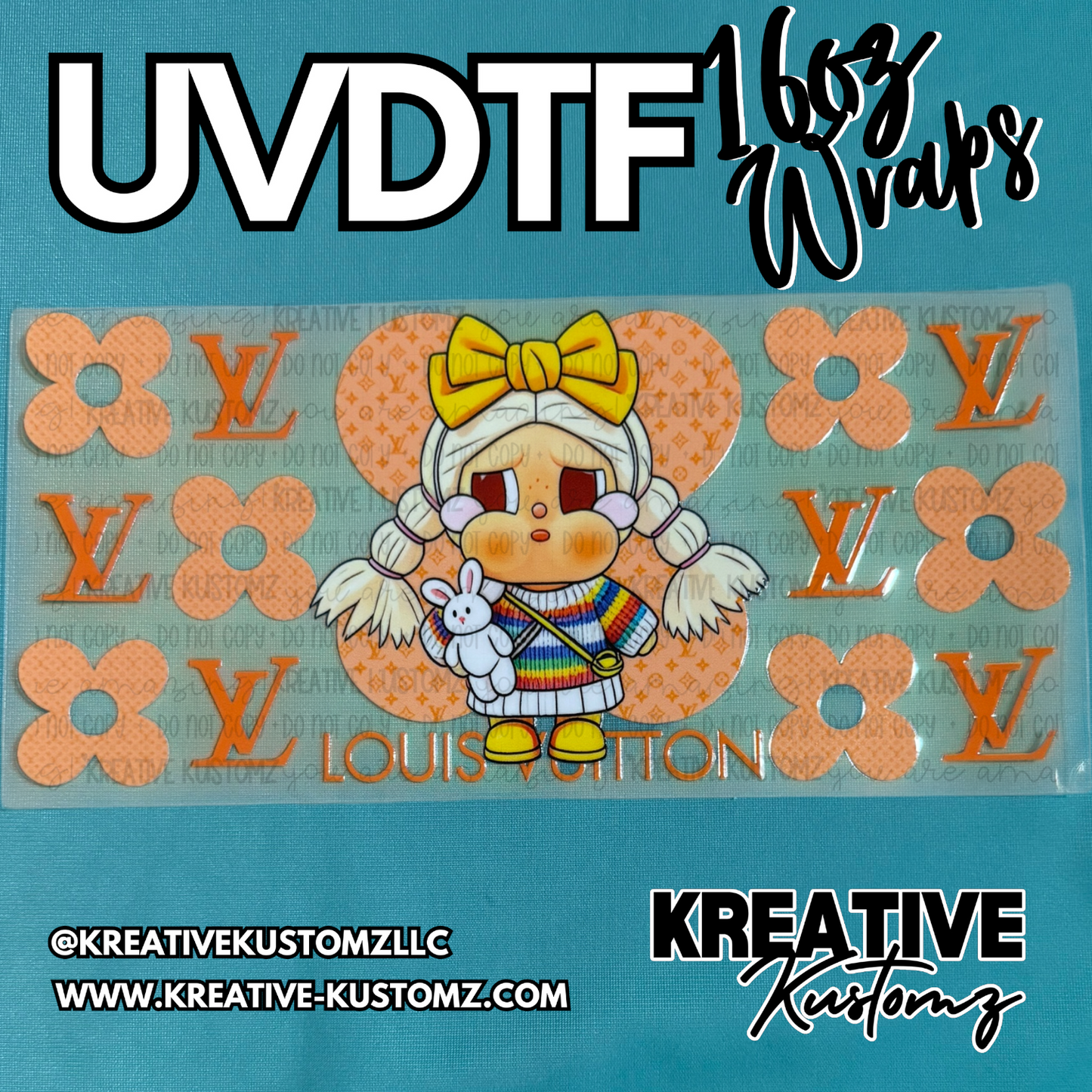 A UV DTF cup wrap featuring a cartoon girl with a bunny and orange designer-style floral motifs.