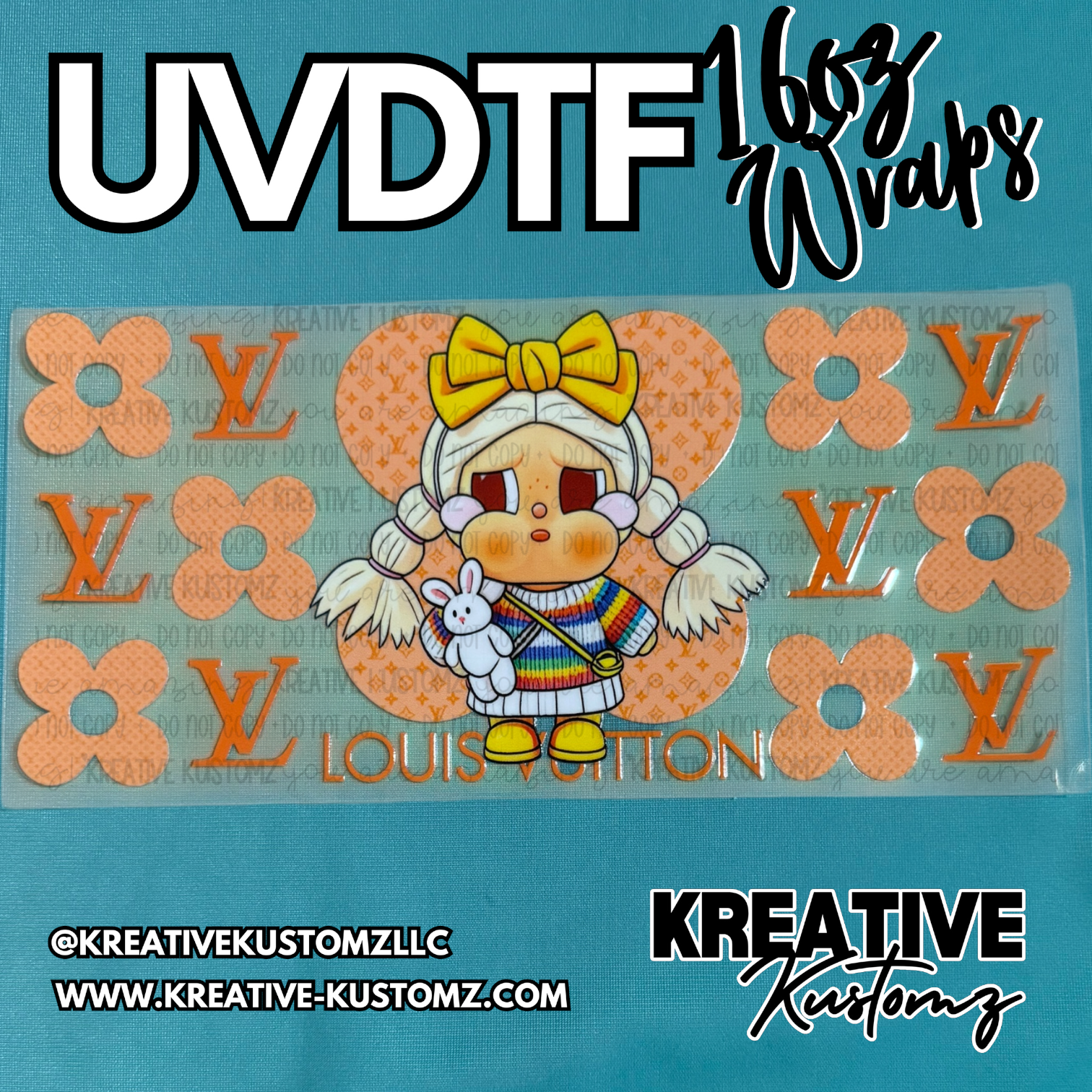 A UV DTF cup wrap featuring a cartoon girl with a bunny and orange designer-style floral motifs.