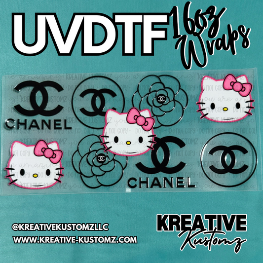 A sheet of UV DTF cup wrap decals featuring Hello Kitty and Chanel inspired logos.