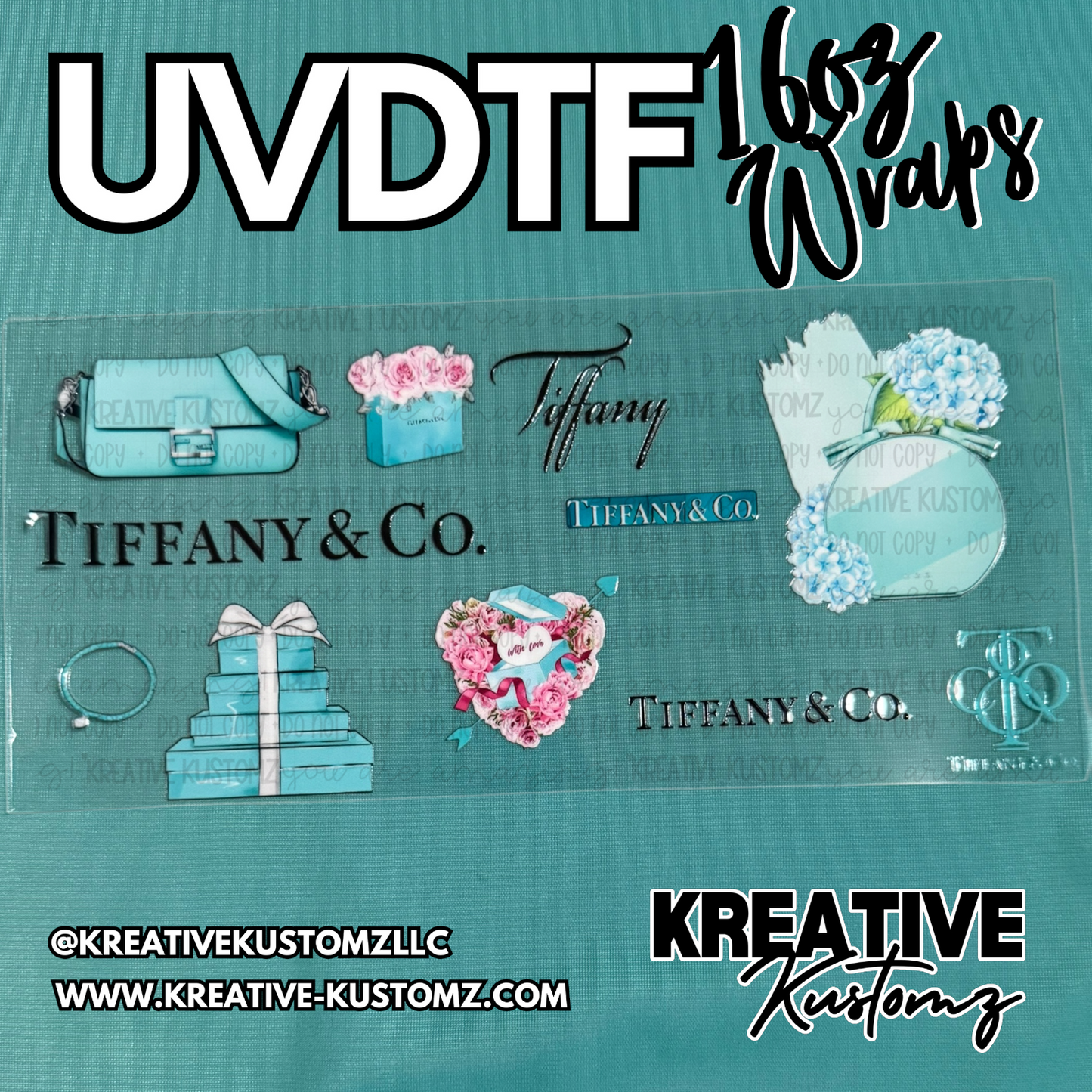 A sheet of Tiffany-themed UV DTF adhesive cup wraps featuring various logos and floral designs.