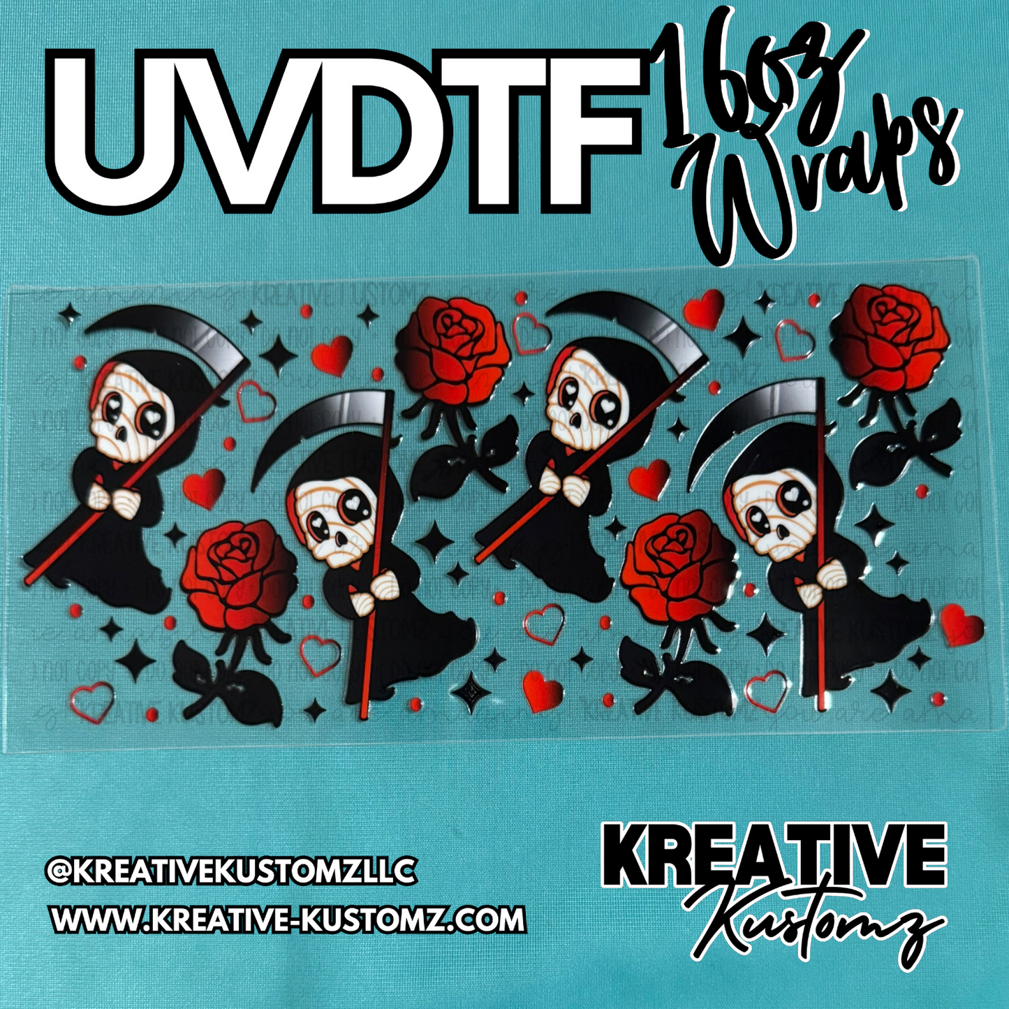 A UV DTF adhesive cup wrap featuring cartoon grim reapers, red roses, and hearts.