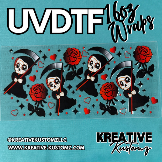 A UV DTF adhesive cup wrap featuring cartoon grim reapers, red roses, and hearts.