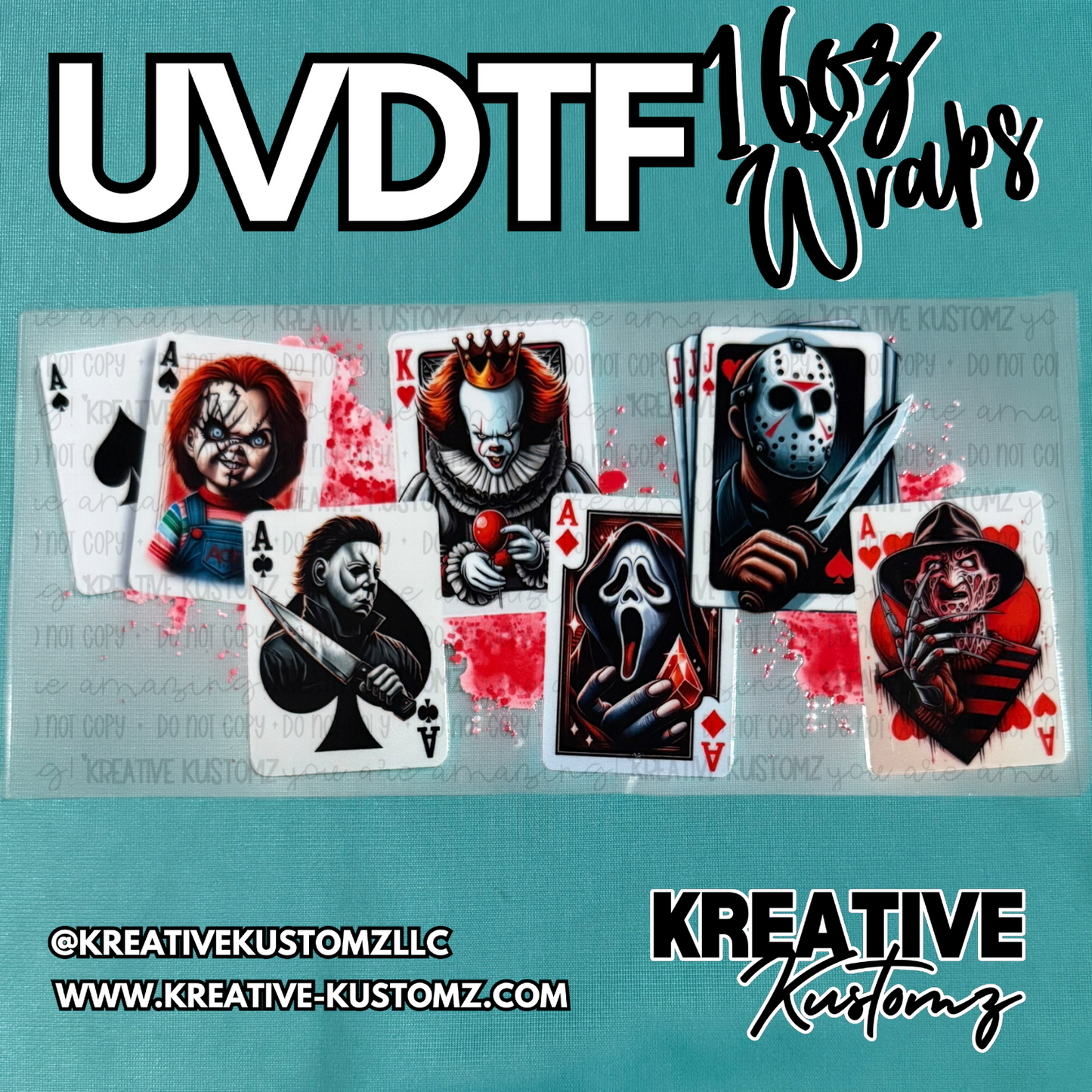 A UV DTF cup wrap featuring horror movie characters on playing cards with blood splatter.
