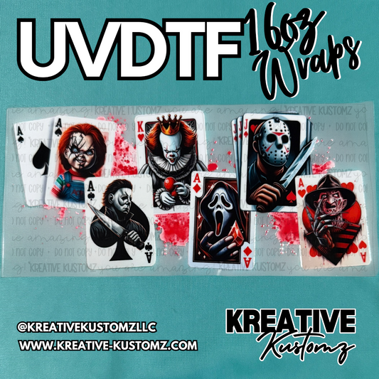 A UV DTF cup wrap featuring horror movie characters on playing cards with blood splatter.
