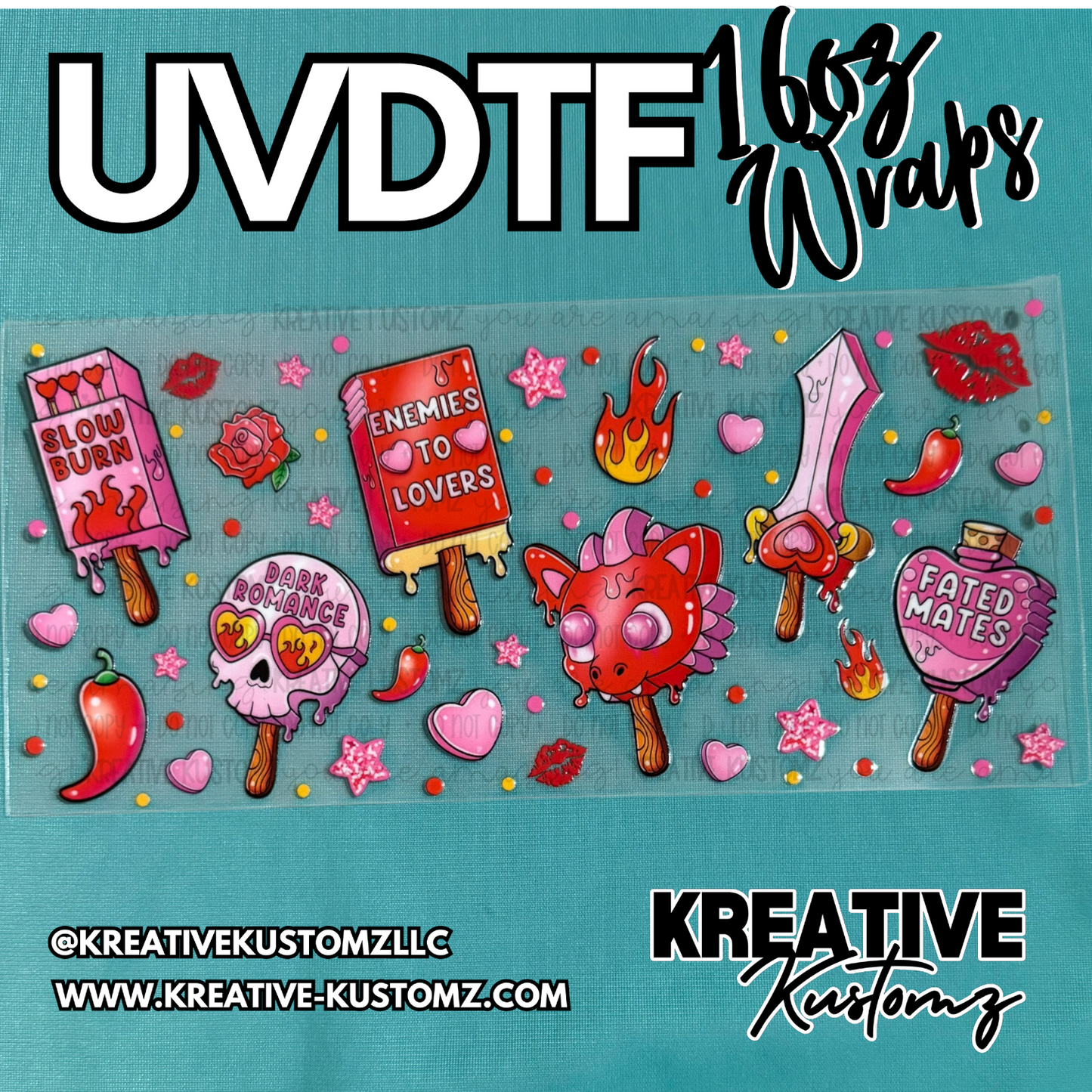 A sheet of romance-themed UV DTF cup wrap decals featuring popsicles, skulls, and hearts.
