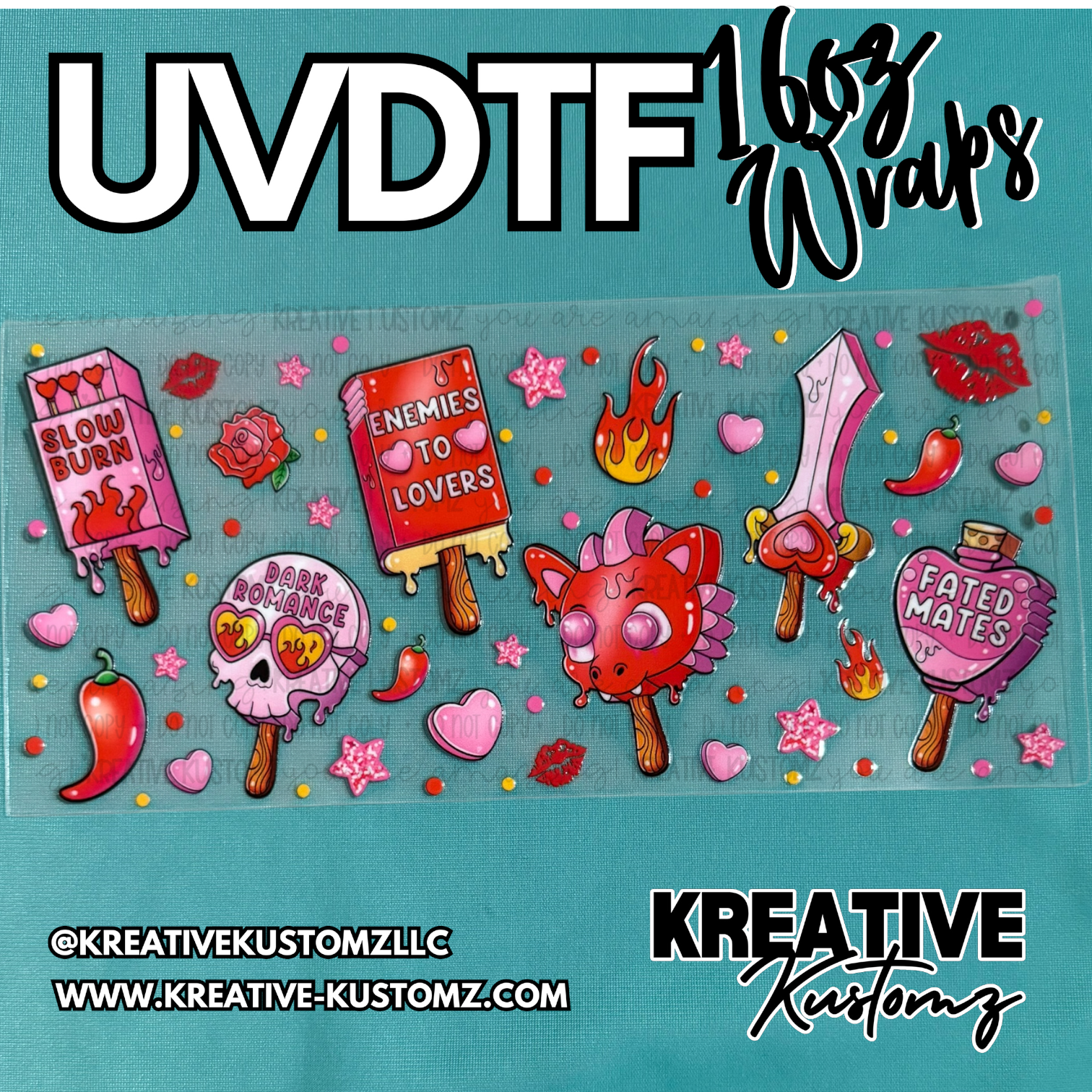 A sheet of romance-themed UV DTF cup wrap decals featuring popsicles, skulls, and hearts.
