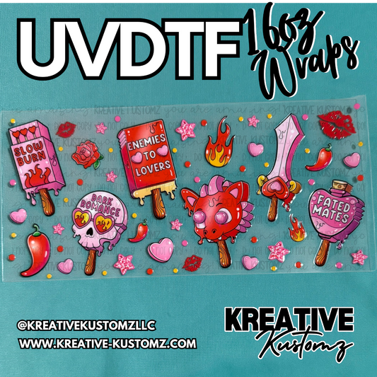 A sheet of romance-themed UV DTF cup wrap decals featuring popsicles, skulls, and hearts.