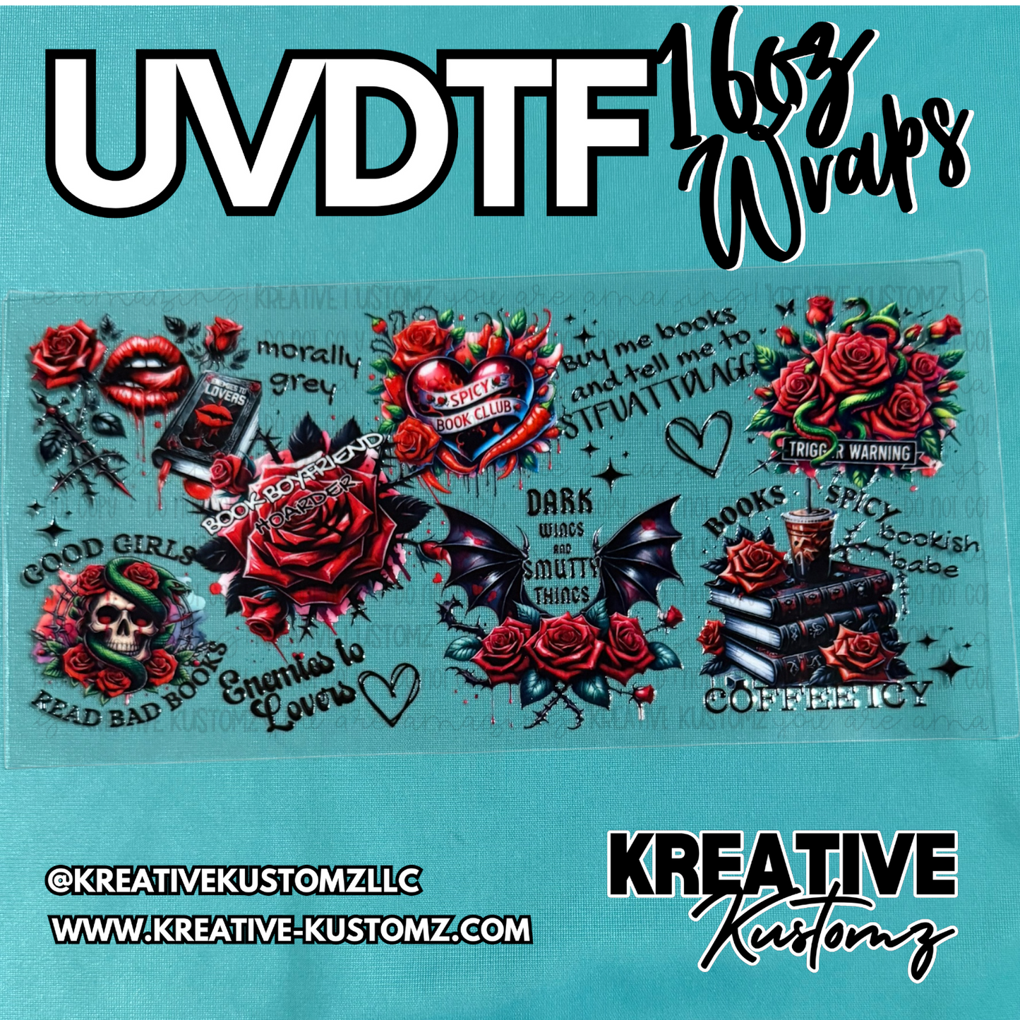 A UV DTF adhesive cup wrap featuring gothic book-themed illustrations of roses, skulls, and text.