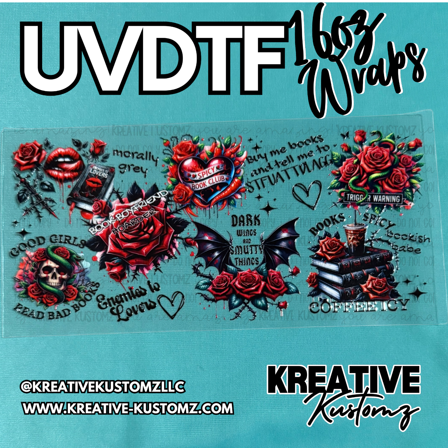 A UV DTF adhesive cup wrap featuring gothic book-themed illustrations of roses, skulls, and text.