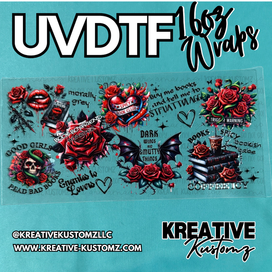 A UV DTF adhesive cup wrap featuring gothic book-themed illustrations of roses, skulls, and text.