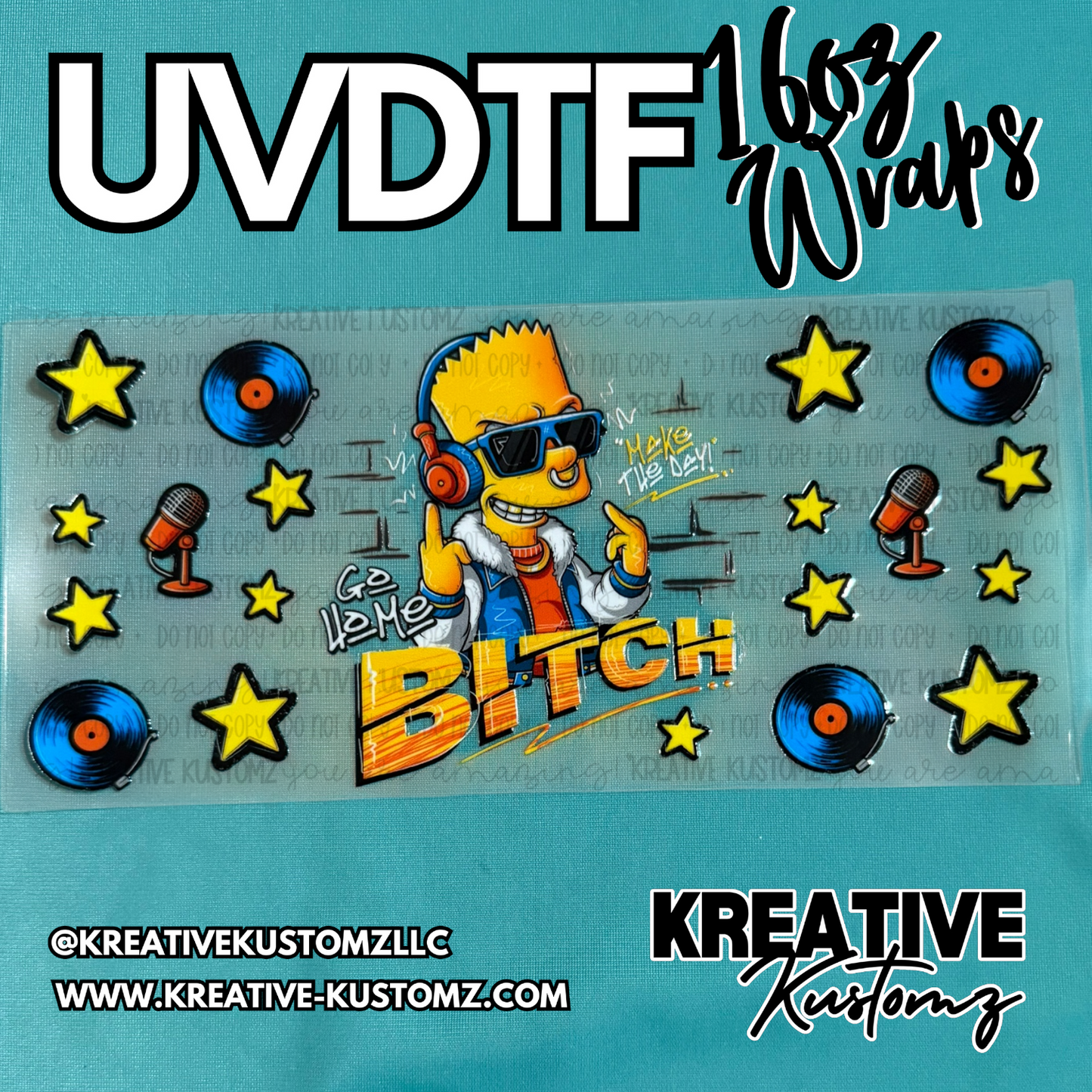 A UV DTF cup wrap featuring a cartoon character with headphones, microphones, and vinyl records.