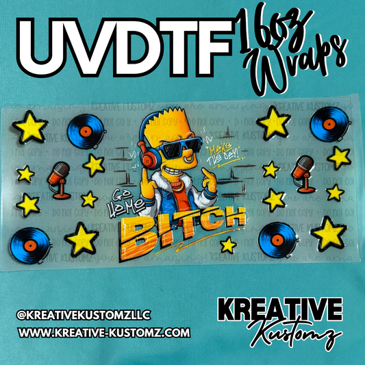 A UV DTF cup wrap featuring a cartoon character with headphones, microphones, and vinyl records.
