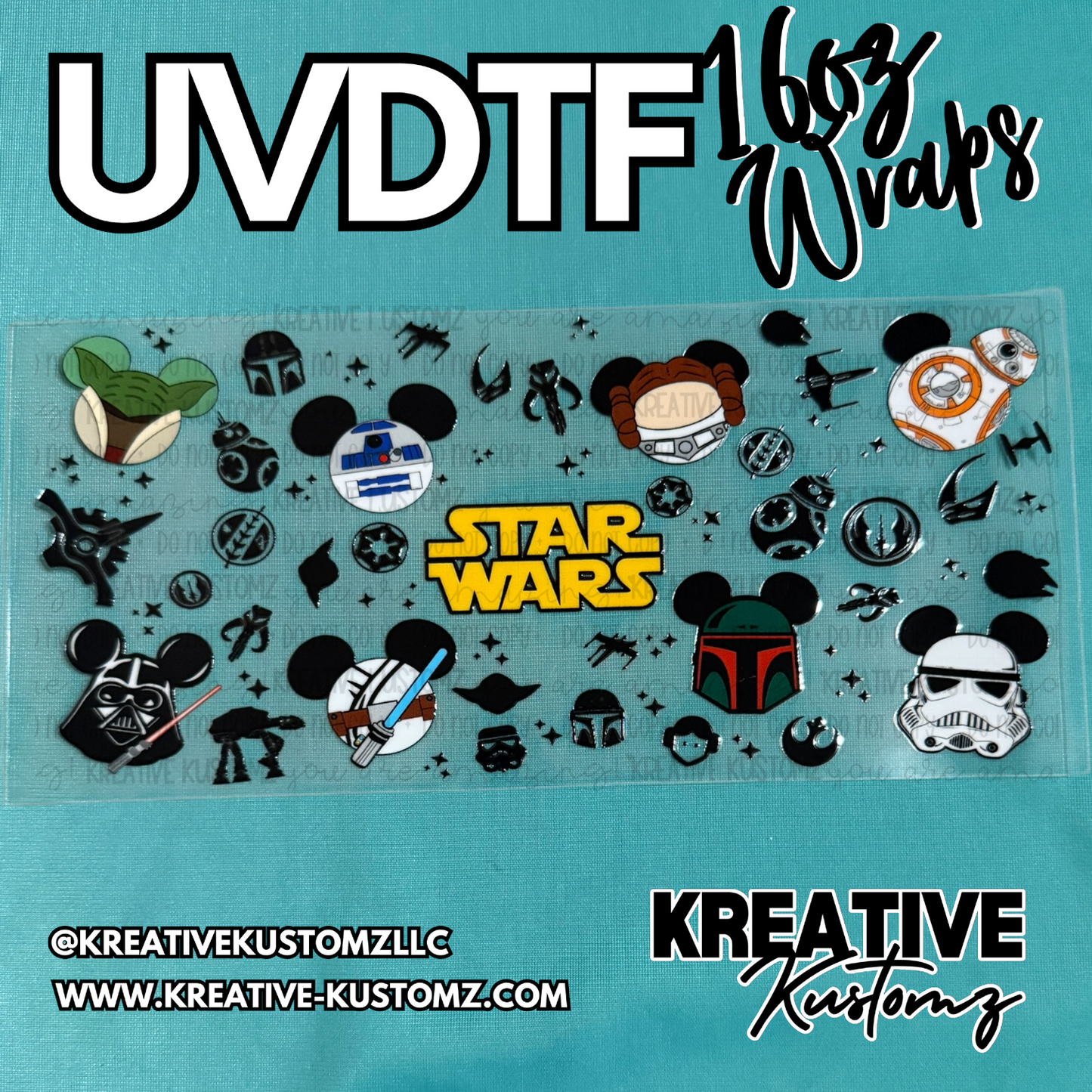 A Star Wars themed UV DTF adhesive cup wrap featuring various character icons and logos.
