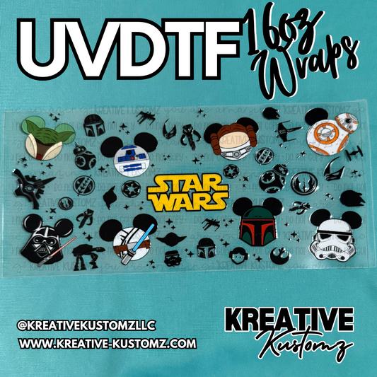 A Star Wars themed UV DTF adhesive cup wrap featuring various character icons and logos.