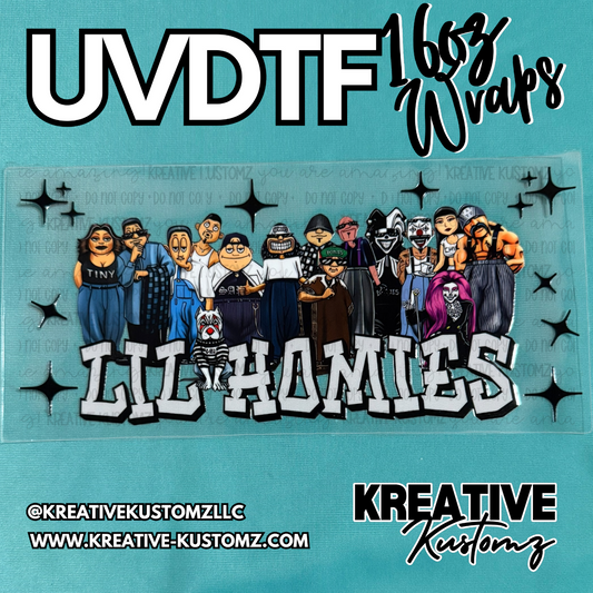 A UV DTF cup wrap featuring a group of cartoon characters and the text Lil Homies.