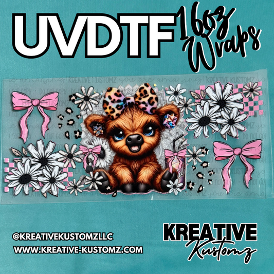 A UV DTF adhesive cup wrap featuring a cute highland cow, pink bows, and white daisies.