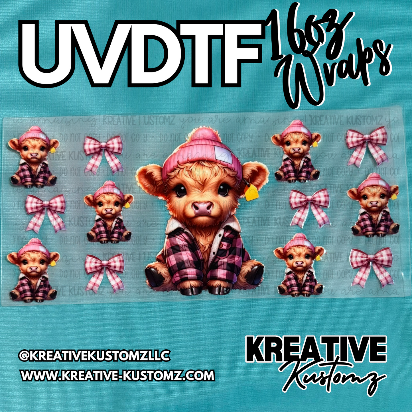 A UV DTF adhesive cup wrap featuring a highland cow in a pink hat and plaid shirt with bows.