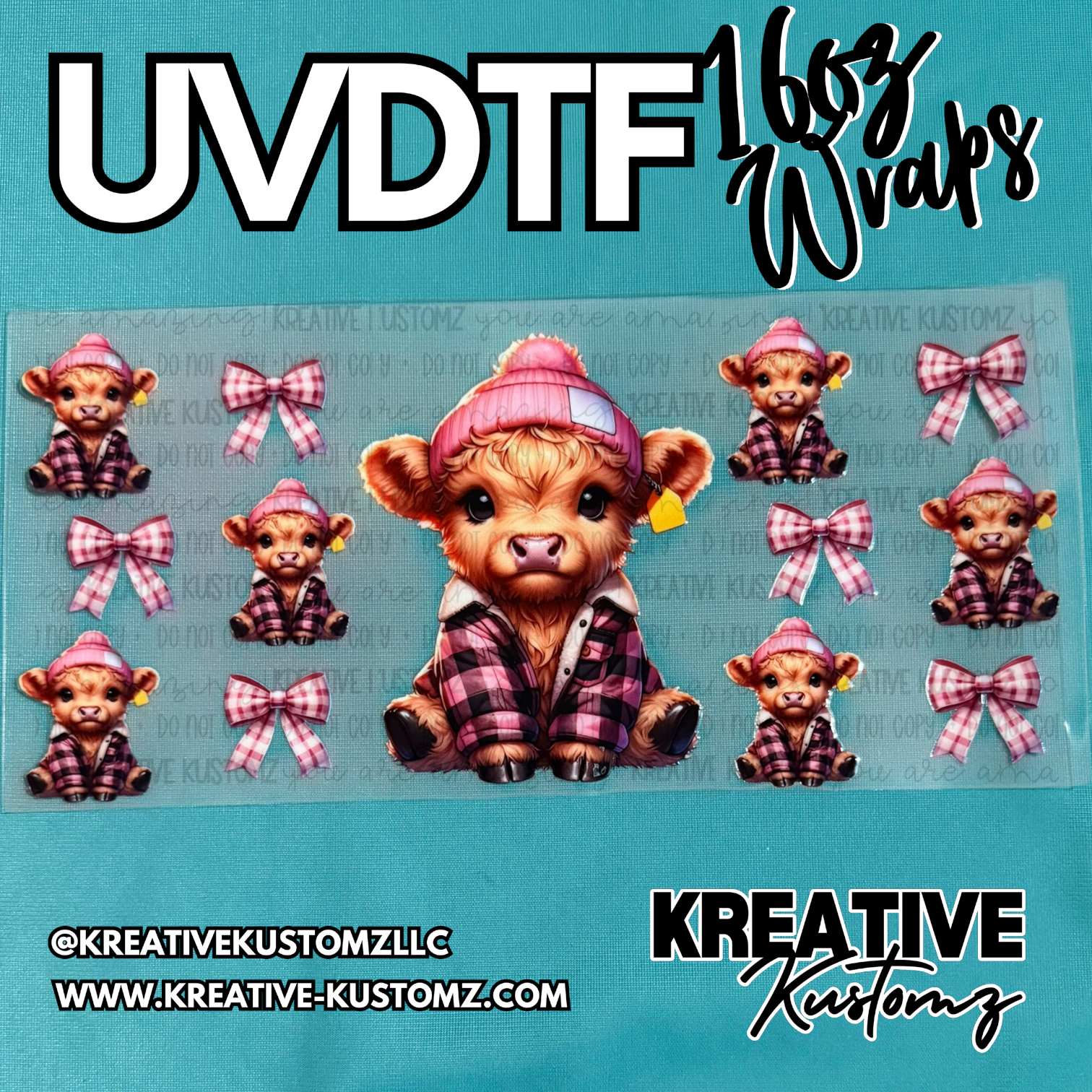 A UV DTF adhesive cup wrap featuring a highland cow in a pink hat and plaid shirt with bows.