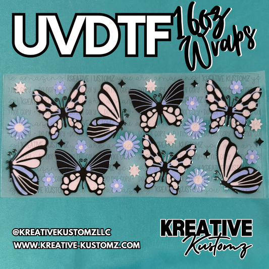 A UV DTF adhesive cup wrap featuring a pattern of butterflies, flowers, and stars.