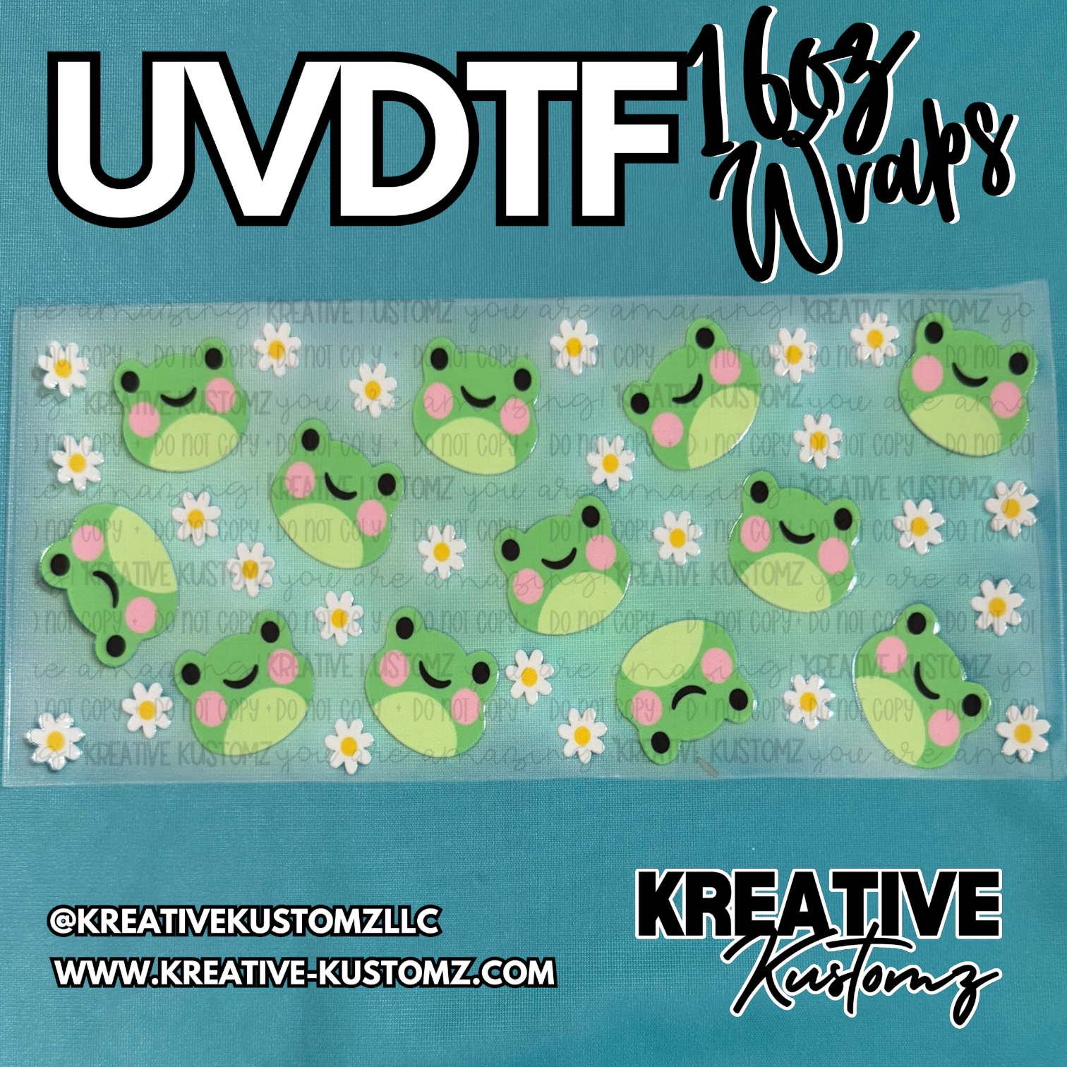 A clear adhesive cup wrap featuring a pattern of cartoon frogs and white daisies.
