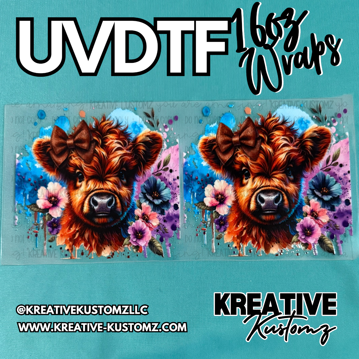 Two identical UV DTF adhesive cup wraps featuring a highland cow with a bow and floral accents.