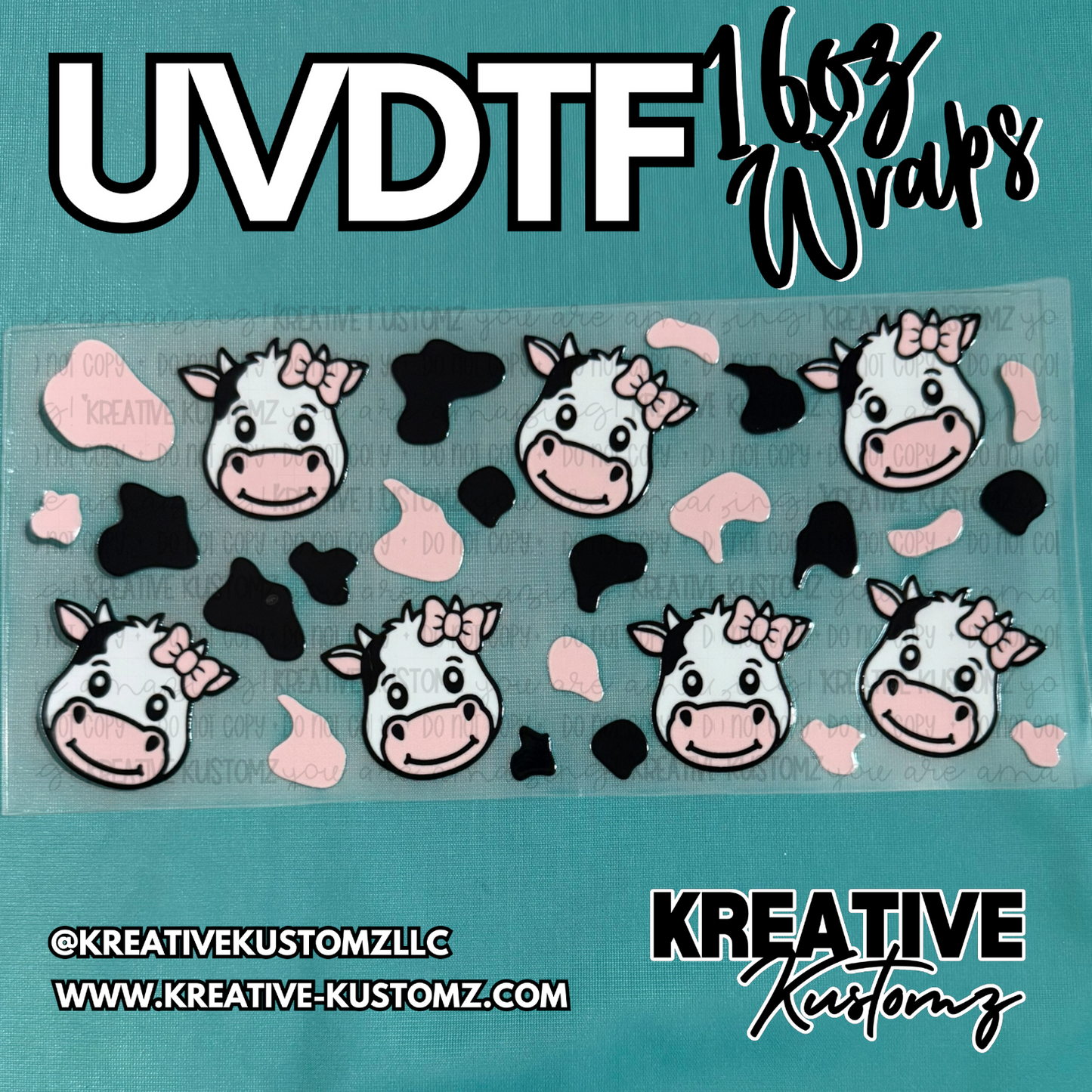 A UV DTF adhesive cup wrap featuring a pattern of cartoon cow faces with pink bows.