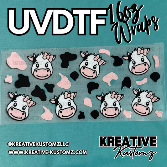 A UV DTF adhesive cup wrap featuring a pattern of cartoon cow faces with pink bows.
