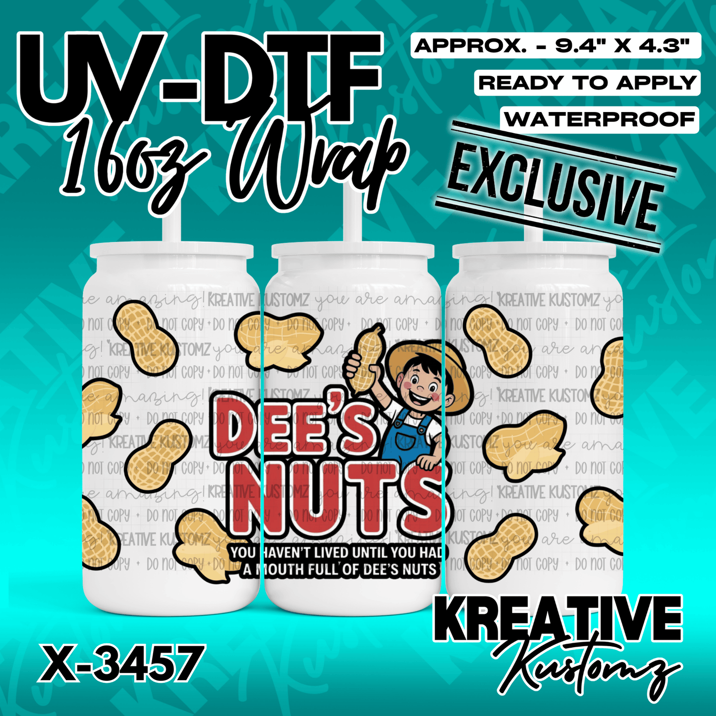 A UV DTF cup wrap featuring a cartoon boy holding a peanut with the text Dees Nuts.