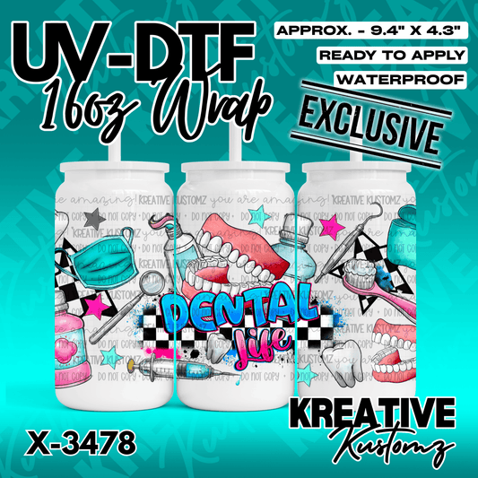 A dental themed UV DTF wrap for a 16oz glass can featuring teeth, tools, and colorful accents.
