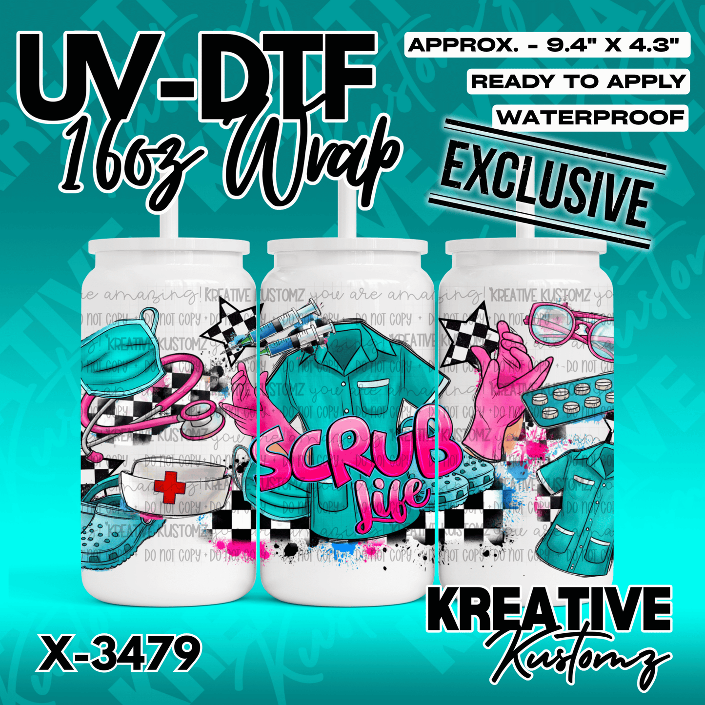 A medical themed UV DTF cup wrap featuring scrubs, stethoscopes, and pills on a checkered background.