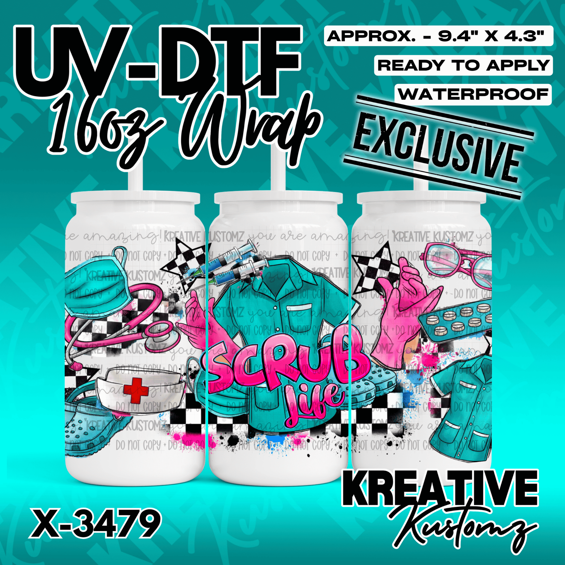 A medical themed UV DTF cup wrap featuring scrubs, stethoscopes, and pills on a checkered background.