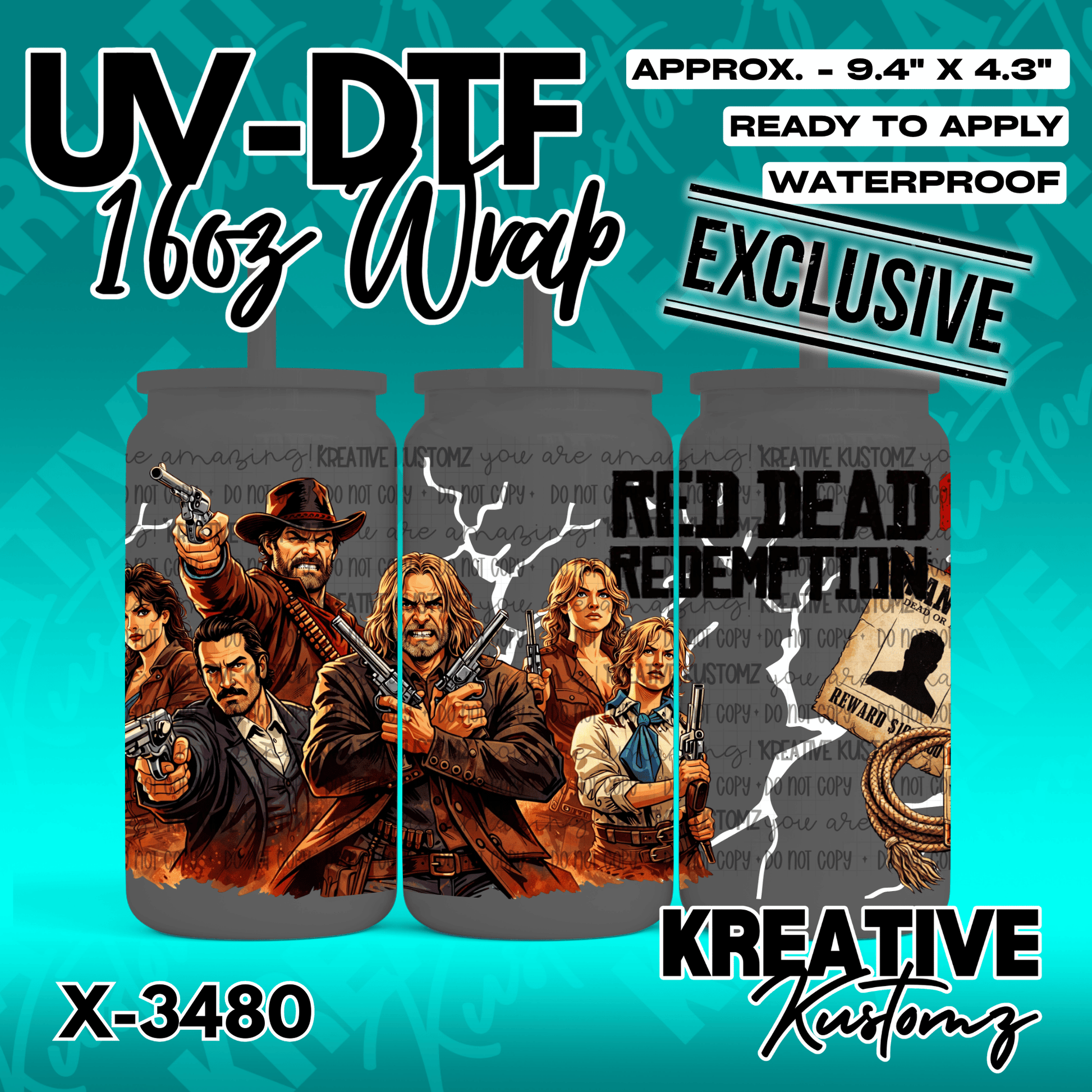 A UV DTF adhesive wrap for 16oz glass cans featuring a Red Dead Redemption character design.