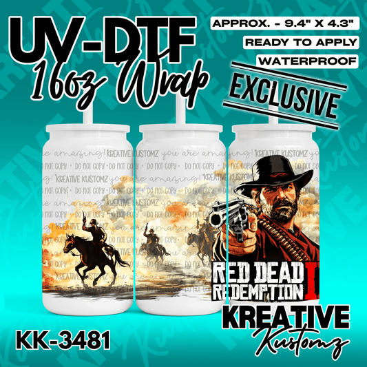 A Red Dead Redemption themed UV DTF wrap for a 16oz glass can.