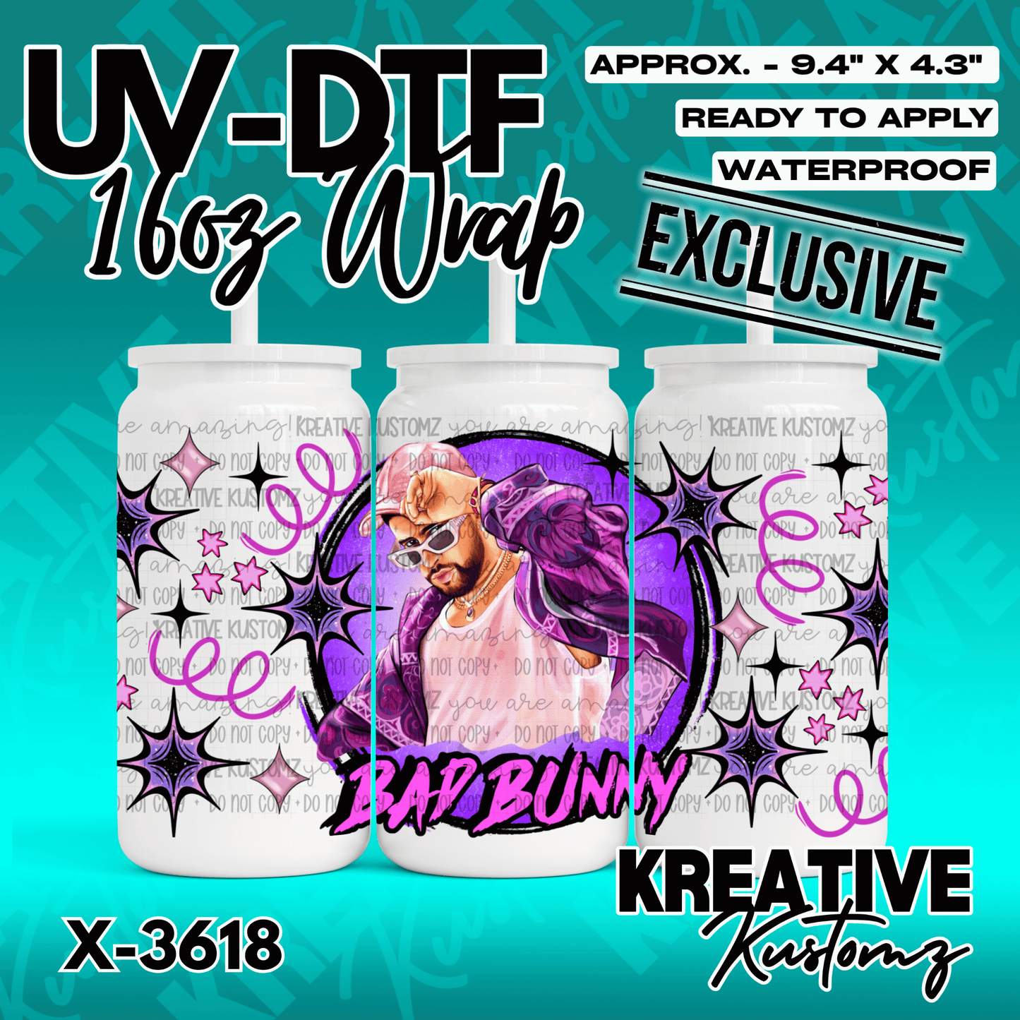 A Bad Bunny themed UV DTF adhesive wrap for a 16 ounce glass can cup.