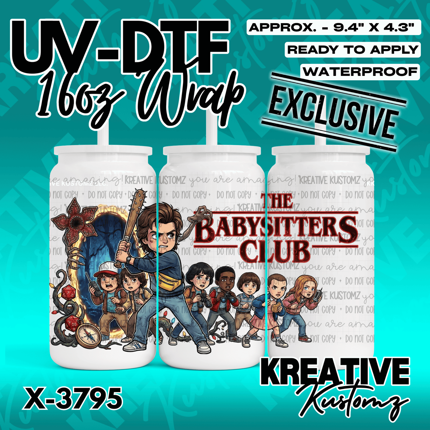 A UV DTF adhesive wrap for 16oz glass cans featuring a cartoon Stranger Things character design.