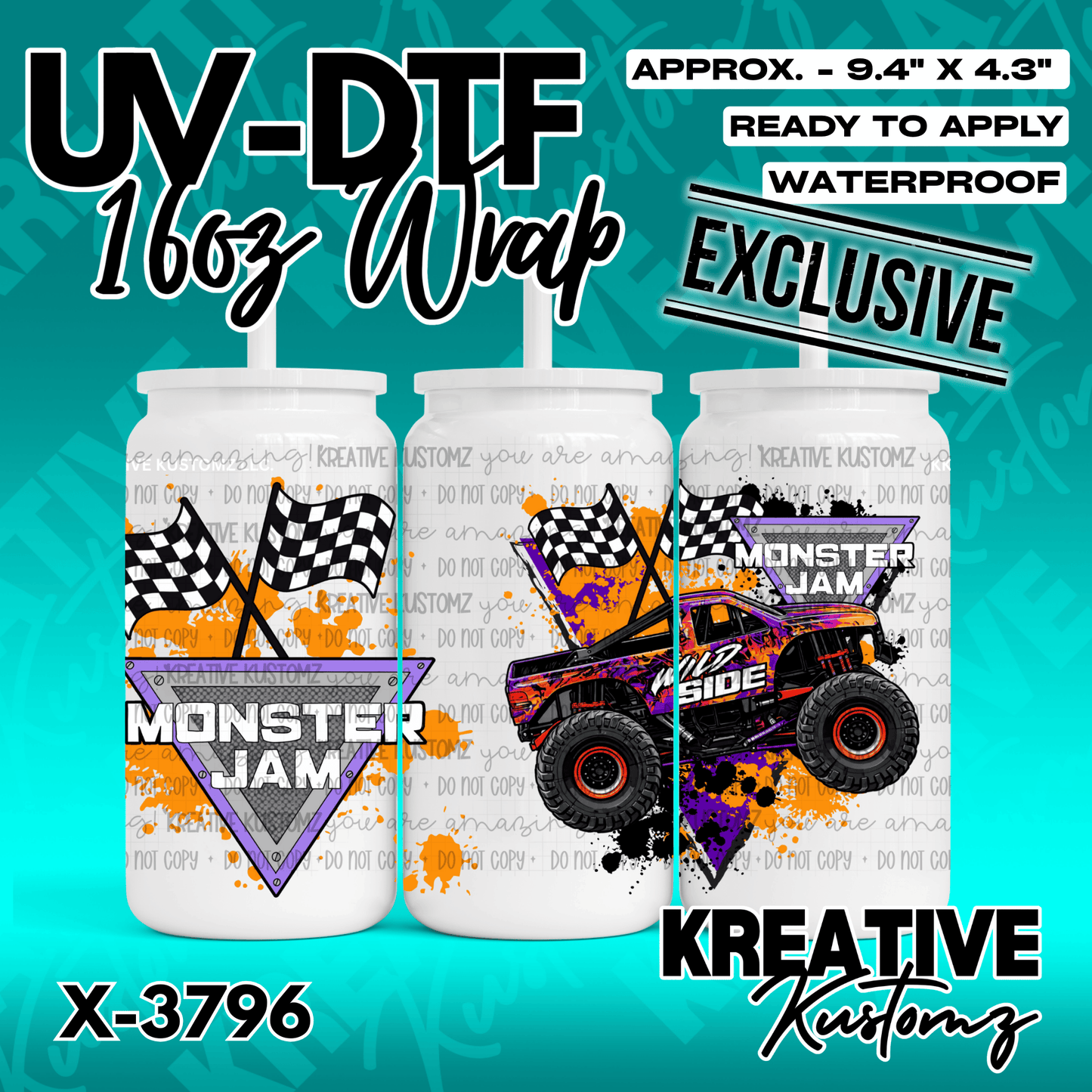 A Monster Jam themed UV DTF adhesive wrap for a 16oz glass can featuring a monster truck design.