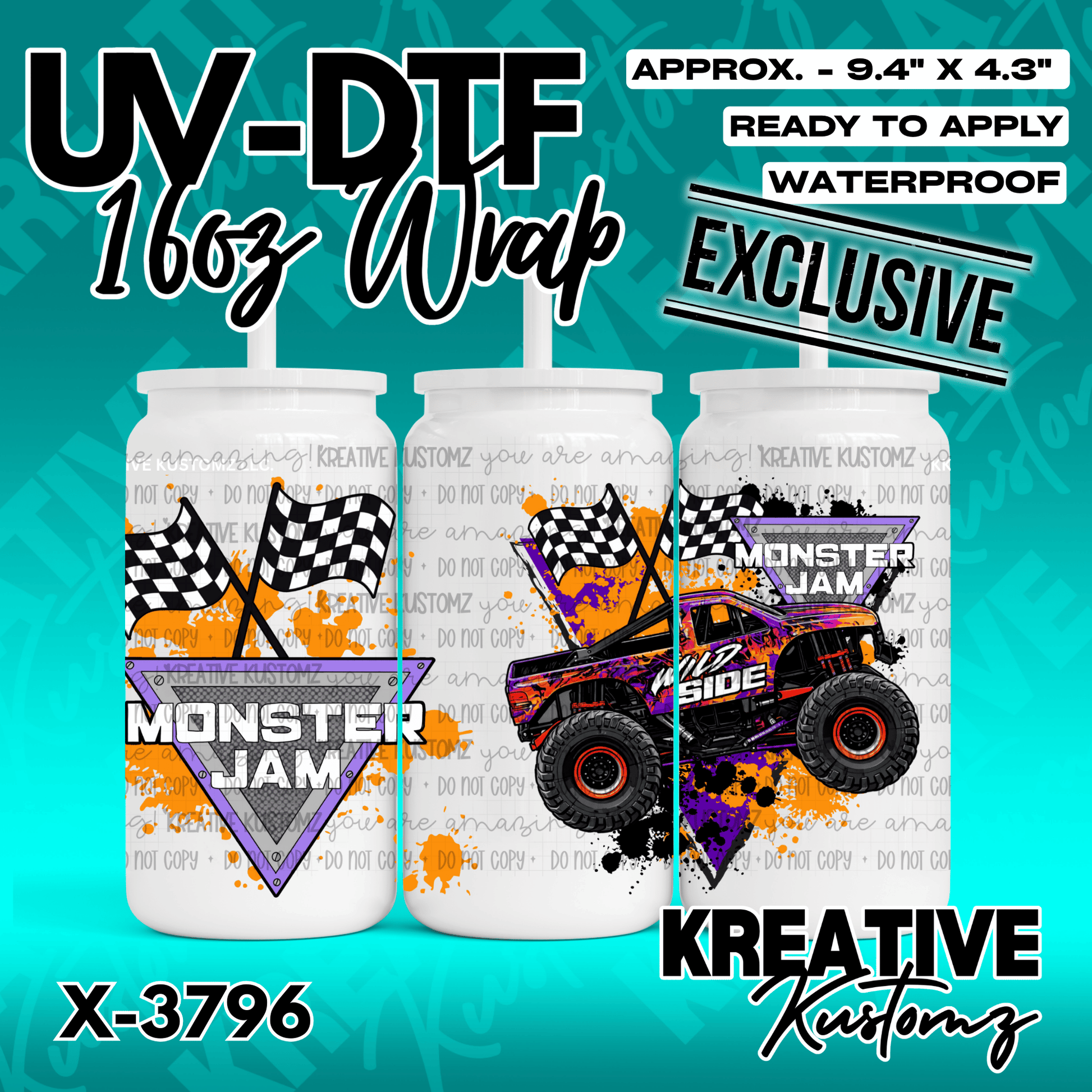 A Monster Jam themed UV DTF adhesive wrap for a 16oz glass can featuring a monster truck design.