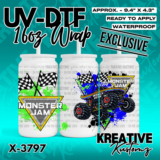 A Monster Jam themed UV DTF adhesive wrap for a 16oz glass can featuring a monster truck design.