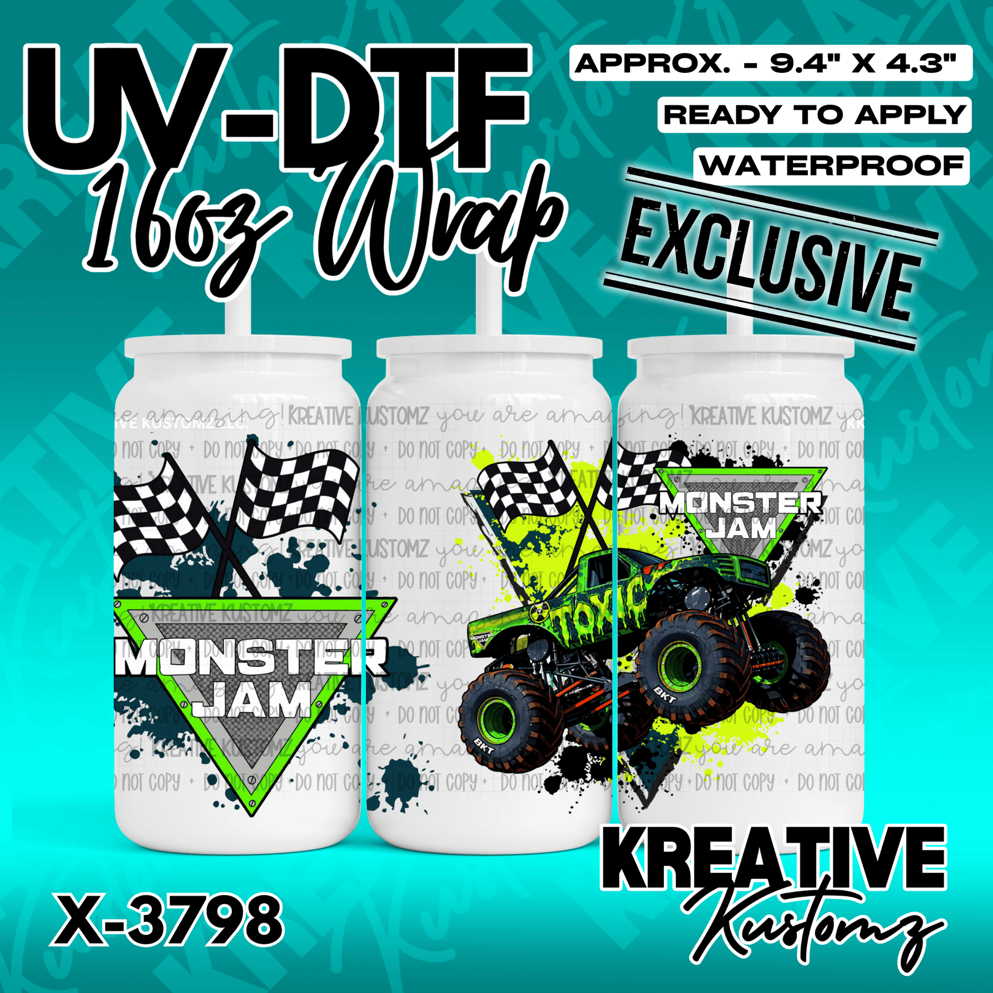 A Monster Jam themed UV DTF adhesive wrap for a 16oz glass can featuring a green monster truck.