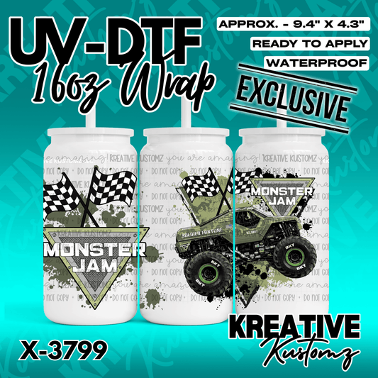 A Monster Jam Soldier Fortune themed UV DTF adhesive wrap for a 16oz glass can.