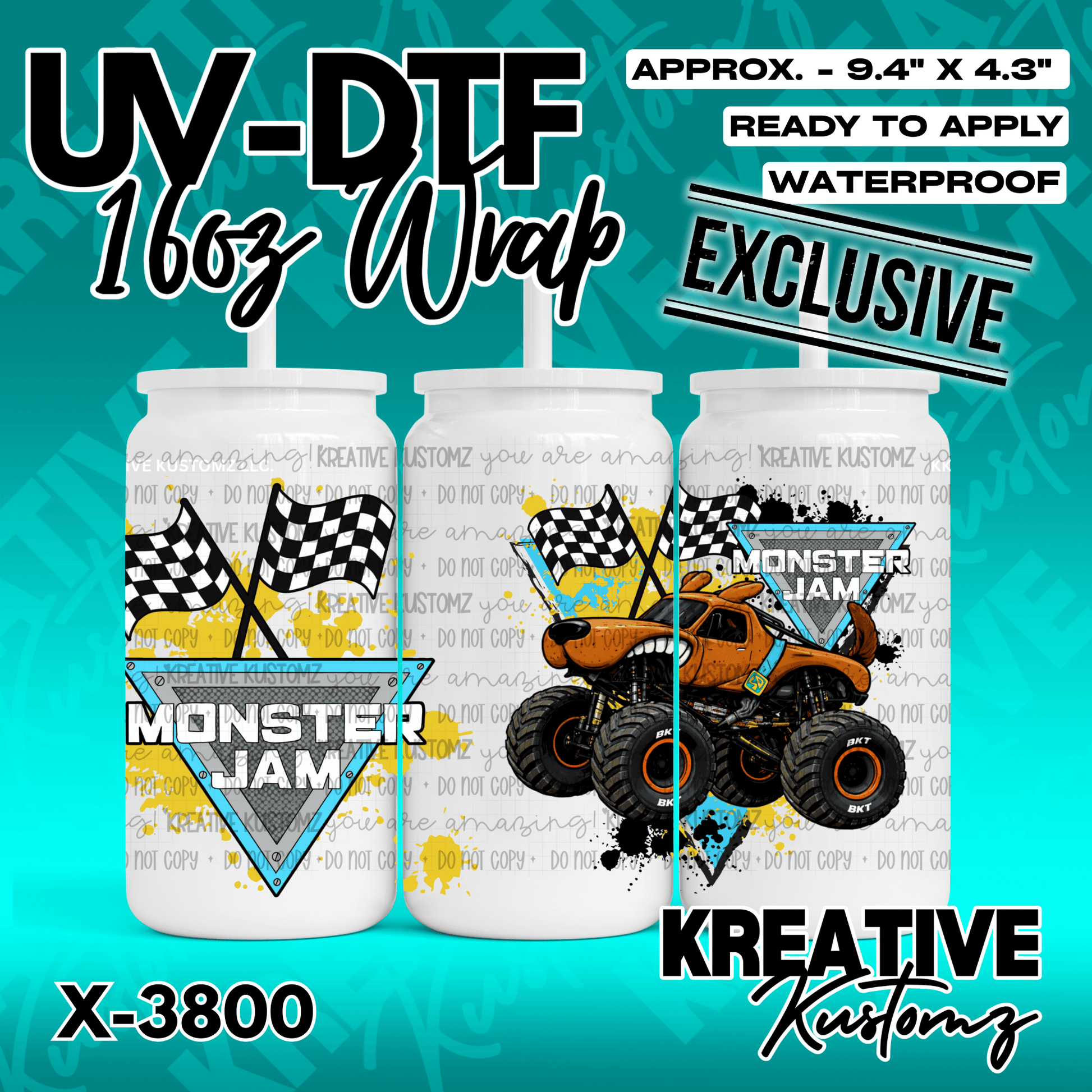 A UV DTF adhesive wrap for 16oz glass cans featuring a Monster Jam theme with a dog monster truck.