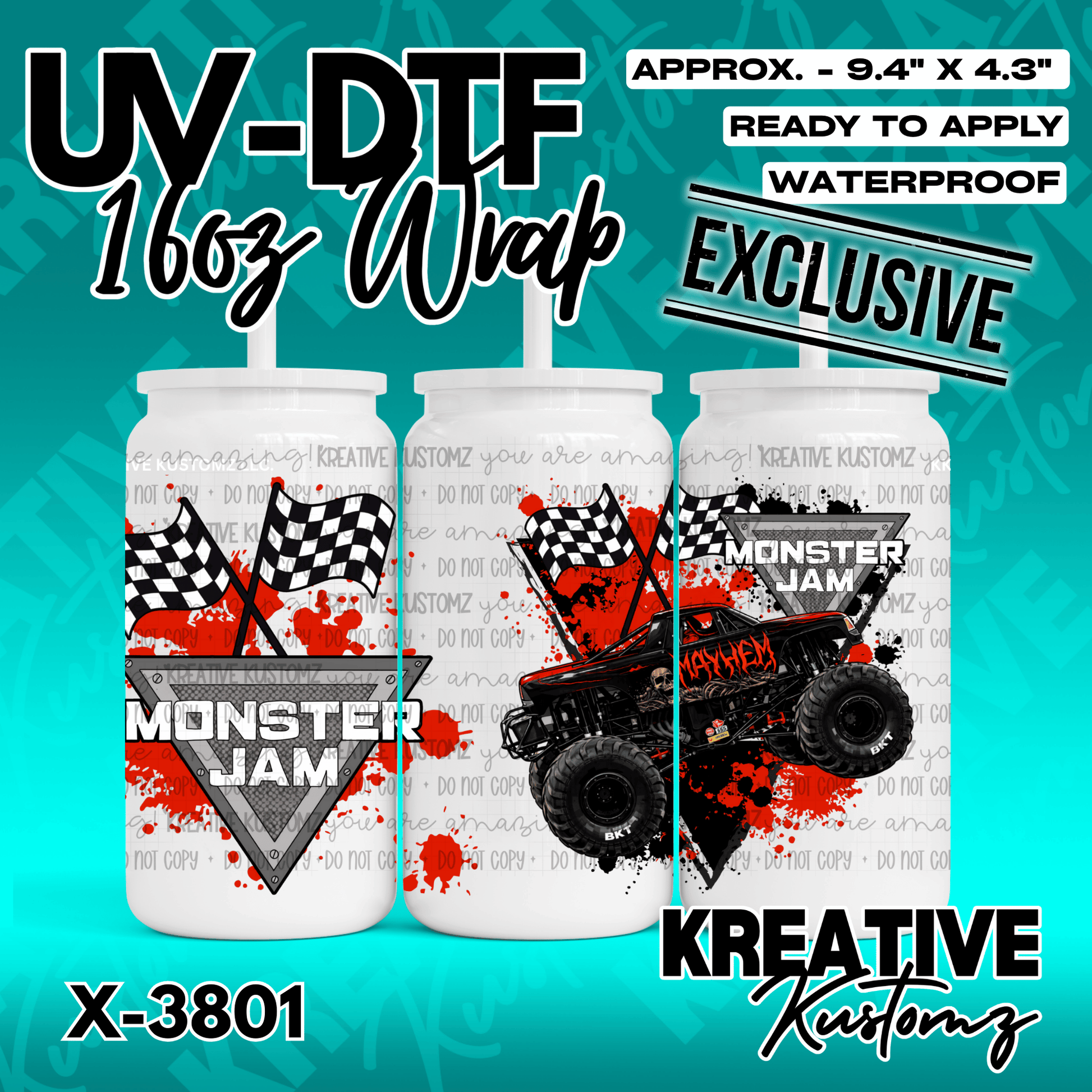 A Monster Jam themed UV DTF adhesive wrap for a 16oz glass can featuring a monster truck design.