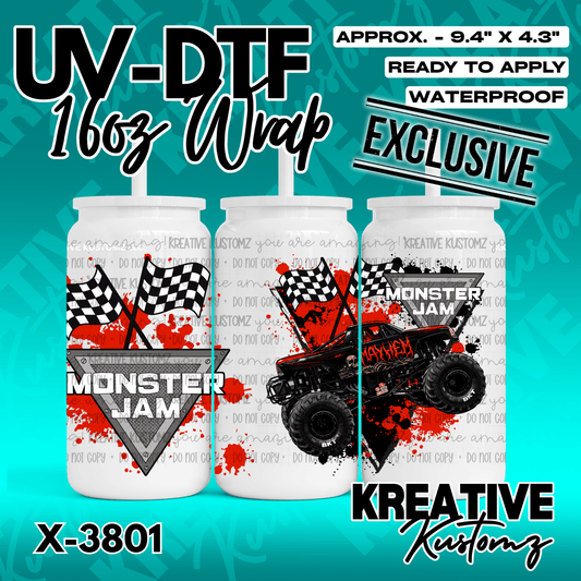 A Monster Jam themed UV DTF adhesive wrap for a 16oz glass can featuring a monster truck design.