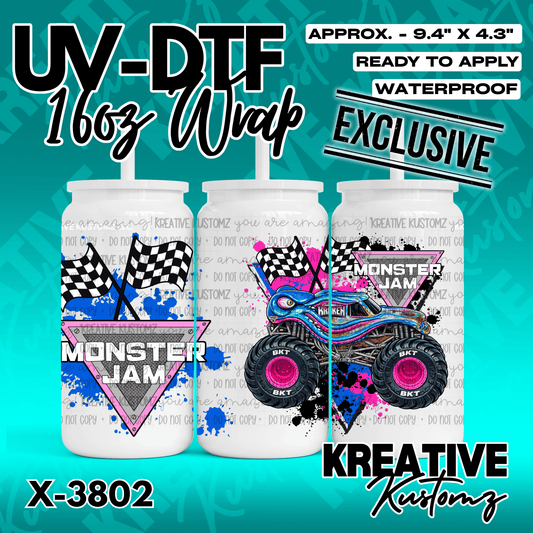 A Monster Jam themed UV DTF adhesive wrap for a 16oz glass can featuring a monster truck design.
