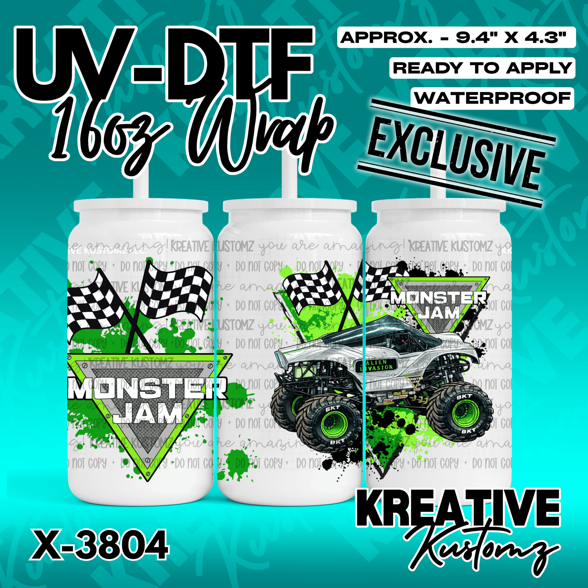 A Monster Jam themed UV DTF adhesive wrap for a 16oz glass can featuring a monster truck design.