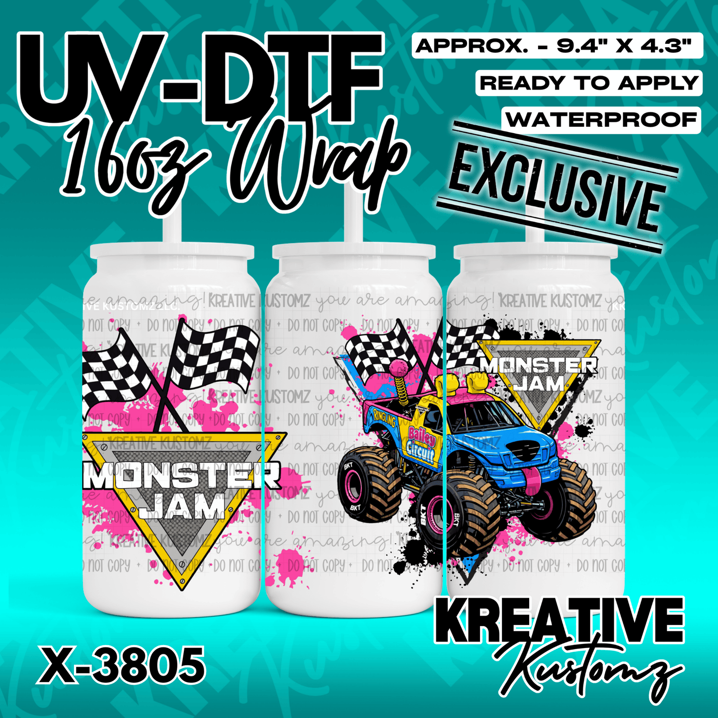 A Monster Jam themed UV DTF adhesive wrap for a 16oz glass can cup.